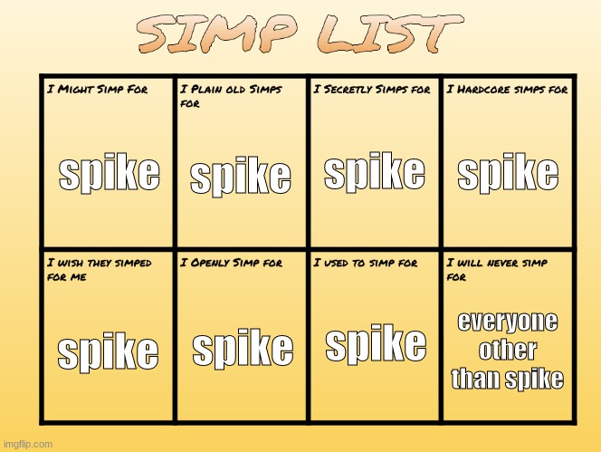 SIMP LIST | spike; spike; spike; spike; spike; spike; spike; everyone other than spike | image tagged in simp list | made w/ Imgflip meme maker