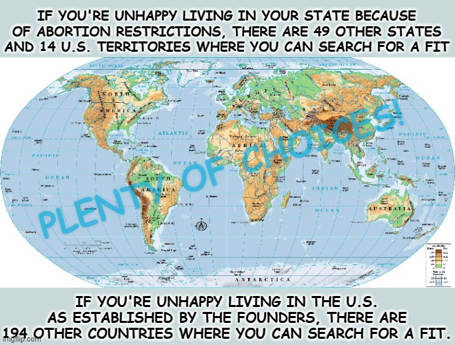 Choices! | IF YOU'RE UNHAPPY LIVING IN YOUR STATE BECAUSE OF ABORTION RESTRICTIONS, THERE ARE 49 OTHER STATES AND 14 U.S. TERRITORIES WHERE YOU CAN SEARCH FOR A FIT; PLENTY OF CHOICES! IF YOU'RE UNHAPPY LIVING IN THE U.S. AS ESTABLISHED BY THE FOUNDERS, THERE ARE 194 OTHER COUNTRIES WHERE YOU CAN SEARCH FOR A FIT. | image tagged in world,world map,map,abortion,abortion is murder,united states of america | made w/ Imgflip meme maker