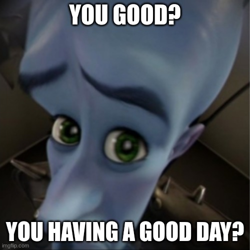 Have a good day! | YOU GOOD? YOU HAVING A GOOD DAY? | image tagged in megamind peeking,have a good day | made w/ Imgflip meme maker