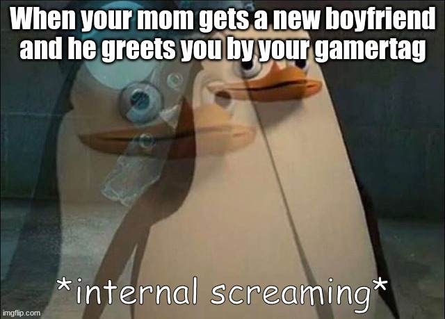 oh no | When your mom gets a new boyfriend and he greets you by your gamertag | image tagged in private internal screaming | made w/ Imgflip meme maker