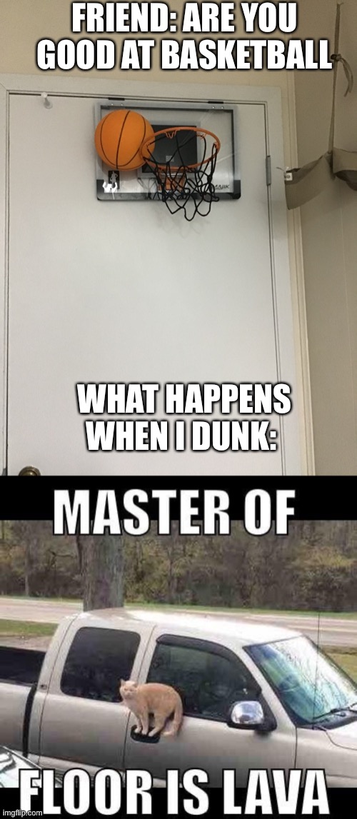 WHY ME | FRIEND: ARE YOU GOOD AT BASKETBALL; WHAT HAPPENS WHEN I DUNK: | image tagged in memes,funny | made w/ Imgflip meme maker
