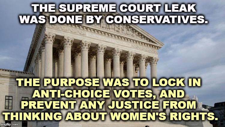 Ginni Thomas? | THE SUPREME COURT LEAK WAS DONE BY CONSERVATIVES. THE PURPOSE WAS TO LOCK IN 
ANTI-CHOICE VOTES, AND 
PREVENT ANY JUSTICE FROM 
THINKING ABOUT WOMEN'S RIGHTS. | image tagged in supreme court,conservative,leaks,hate,women's rights | made w/ Imgflip meme maker