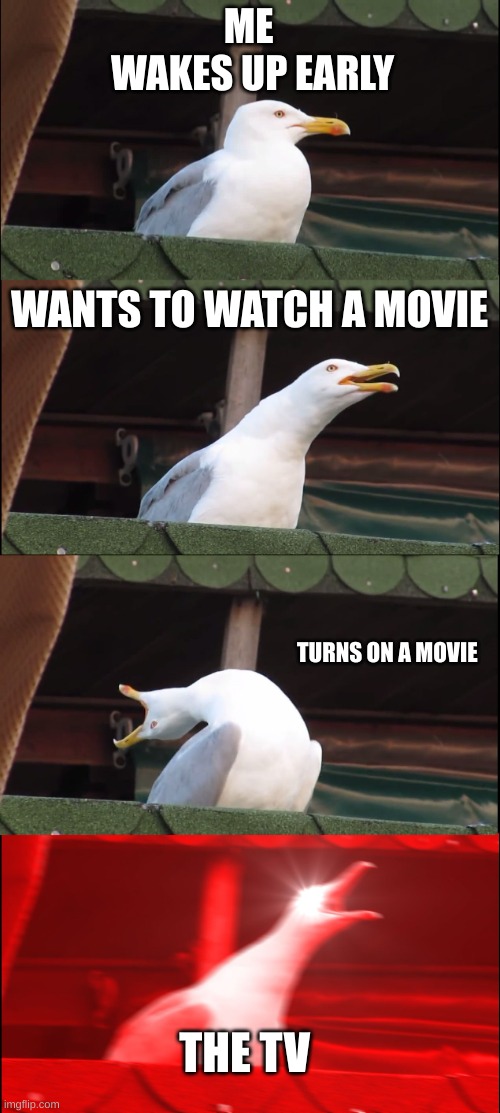 Inhaling Seagull Meme | ME 
WAKES UP EARLY; WANTS TO WATCH A MOVIE; TURNS ON A MOVIE; THE TV | image tagged in memes,inhaling seagull | made w/ Imgflip meme maker