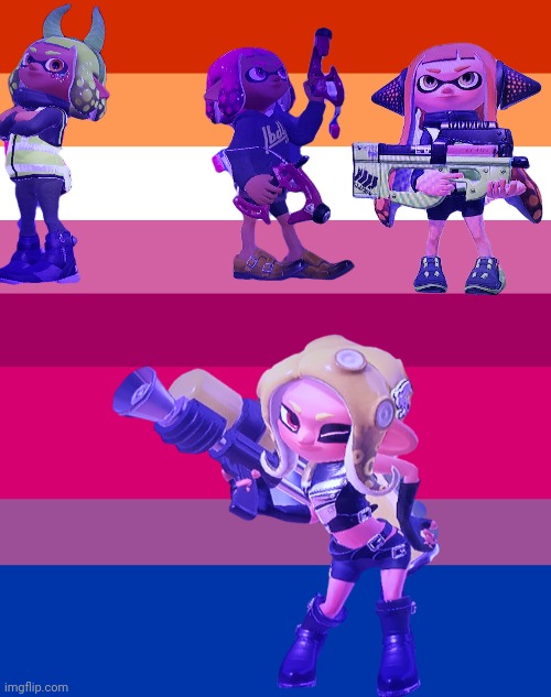 Inkmatas, Switch hood, and Aqua are lesbians, Seven is Bi | image tagged in lesbian flag,bi flag | made w/ Imgflip meme maker