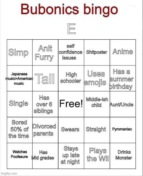 Blank Bingo | E; Bubonics bingo; self confidence issues; Anit Furry; Anime; Simp; Shitposter; Japanese music>American music; High schooler; Has a summer birthday; Uses emojis; Tall; Middle-ish child; Single; Aunt/Uncle; Has over 6 siblings; Bored 50% of the time; Divorced parents; Pyromaniac; Straight; Swears; Has Mid grades; Drinks Monster; Watches Poofesure; Stays up late at night; Plays the Wii | image tagged in blank bingo | made w/ Imgflip meme maker