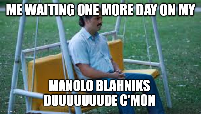 Waitin for something | ME WAITING ONE MORE DAY ON MY; MANOLO BLAHNIKS 
DUUUUUUUDE C'MON | image tagged in waitin for something | made w/ Imgflip meme maker