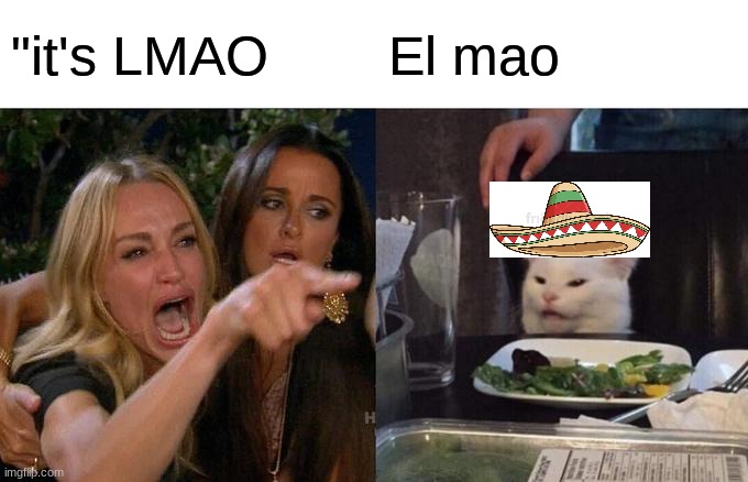 Woman Yelling At Cat | "it's LMAO; El mao | image tagged in memes,woman yelling at cat | made w/ Imgflip meme maker