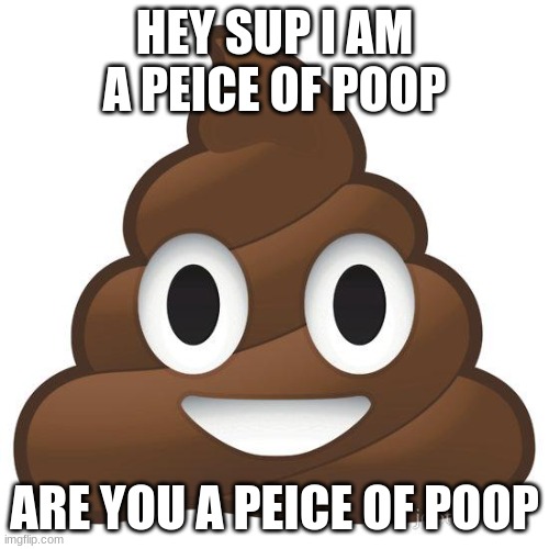 poop | HEY SUP I AM A PEICE OF POOP; ARE YOU A PEICE OF POOP | image tagged in poop | made w/ Imgflip meme maker