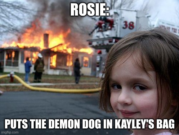 The inside jokes just keep coming | ROSIE:; PUTS THE DEMON DOG IN KAYLEY'S BAG | image tagged in memes,disaster girl | made w/ Imgflip meme maker