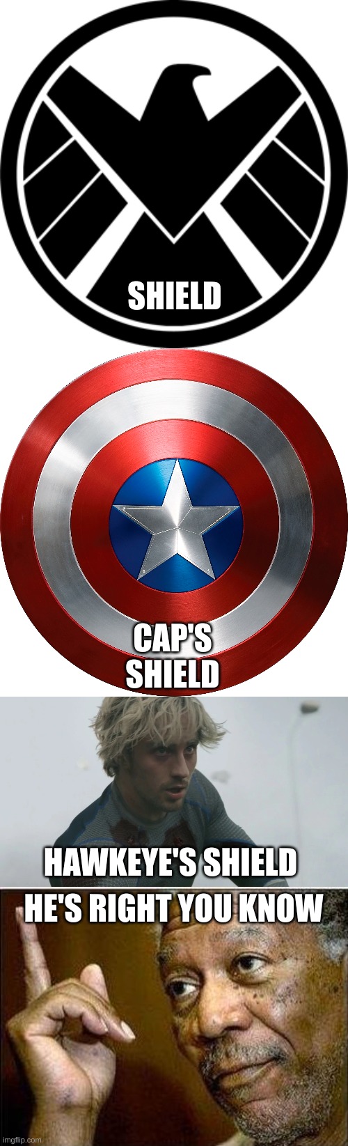 I'm right | SHIELD; CAP'S SHIELD; HAWKEYE'S SHIELD; HE'S RIGHT YOU KNOW | image tagged in marvel cinematic universe | made w/ Imgflip meme maker