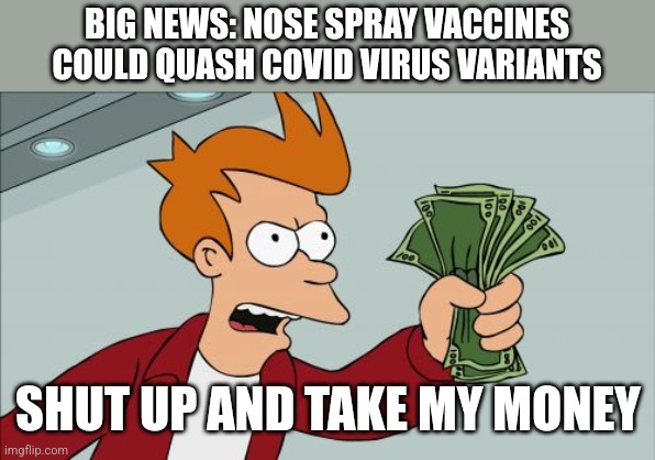 Shut Up And Take My Money Fry | BIG NEWS: NOSE SPRAY VACCINES COULD QUASH COVID VIRUS VARIANTS; SHUT UP AND TAKE MY MONEY | image tagged in memes,shut up and take my money fry,nose spray,coronavirus,covid-19,variants | made w/ Imgflip meme maker