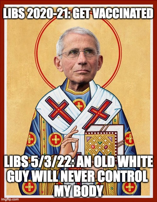 No White Guy Controls my body | LIBS 2020-21: GET VACCINATED; LIBS 5/3/22: AN OLD WHITE
GUY WILL NEVER CONTROL 
MY BODY | image tagged in roe,wade,fauci,justice alito,scotus | made w/ Imgflip meme maker