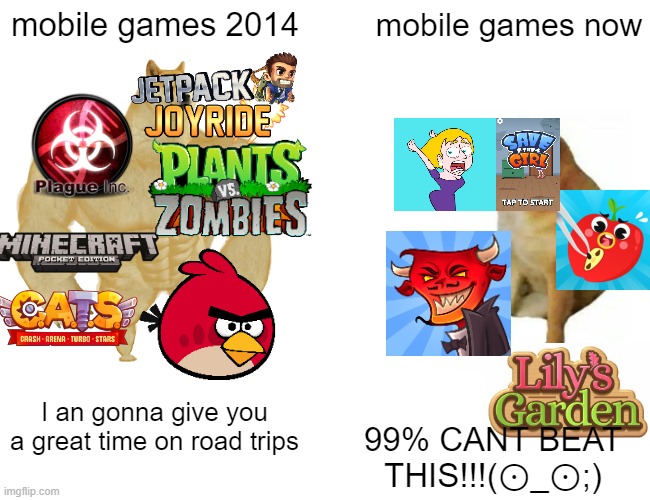 Buff Doge vs. Cheems | mobile games 2014; mobile games now; I an gonna give you
a great time on road trips; 99% CANT BEAT THIS!!!(⊙_⊙;) | image tagged in memes,buff doge vs cheems | made w/ Imgflip meme maker