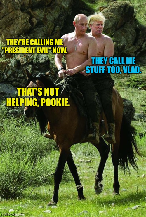 Donald Trump Vladamir Putin | THEY'RE CALLING ME "PRESIDENT EVIL" NOW. THEY CALL ME STUFF TOO, VLAD. THAT'S NOT HELPING, POOKIE. | image tagged in donald trump vladamir putin | made w/ Imgflip meme maker