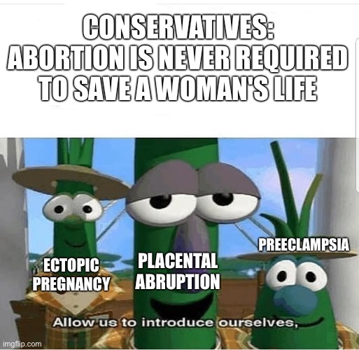 Allow us to introduce ourselves | CONSERVATIVES: ABORTION IS NEVER REQUIRED TO SAVE A WOMAN'S LIFE; ECTOPIC PREGNANCY; PREECLAMPSIA; PLACENTAL ABRUPTION | image tagged in allow us to introduce ourselves | made w/ Imgflip meme maker