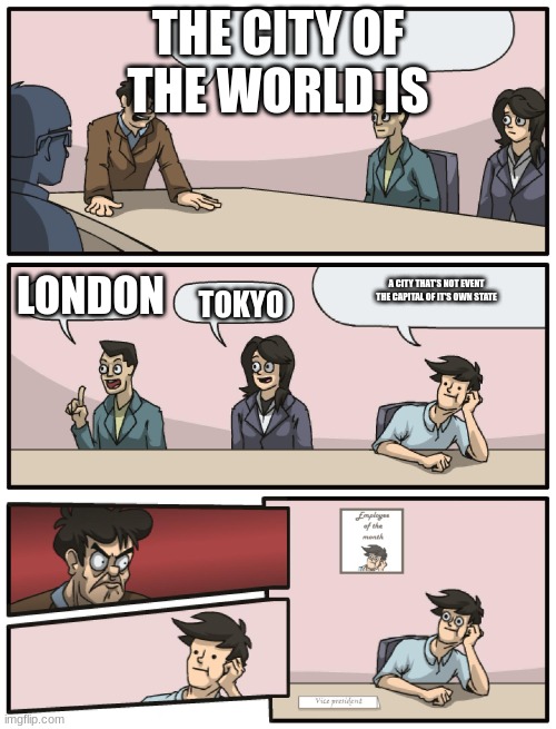 The Capital of the world is: | THE CITY OF THE WORLD IS; LONDON; A CITY THAT'S NOT EVENT THE CAPITAL OF IT'S OWN STATE; TOKYO | image tagged in boardroom meeting unexpected ending,new york,funny | made w/ Imgflip meme maker