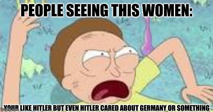 your like hitler | PEOPLE SEEING THIS WOMEN: YOUR LIKE HITLER BUT EVEN HITLER CARED ABOUT GERMANY OR SOMETHING | image tagged in your like hitler | made w/ Imgflip meme maker