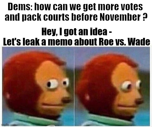 Monkey Business | Dems: how can we get more votes
 and pack courts before November ? Hey, I got an idea -
Let's leak a memo about Roe vs. Wade | image tagged in memes,monkey puppet,liberals,democrats,joe biden | made w/ Imgflip meme maker