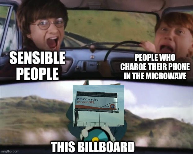 This GPS doesn't taste right, let's add some salsa | PEOPLE WHO CHARGE THEIR PHONE IN THE MICROWAVE; SENSIBLE PEOPLE; THIS BILLBOARD | image tagged in tom chasing harry and ron weasly | made w/ Imgflip meme maker