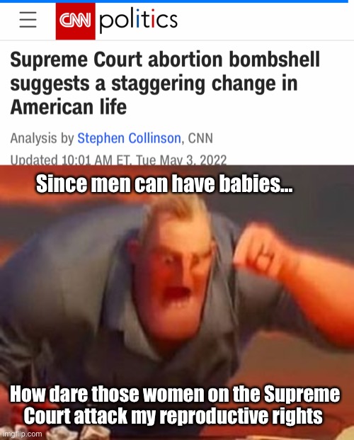 Only a man should have a voice in mens reproductive rights | Since men can have babies…; How dare those women on the Supreme Court attack my reproductive rights | image tagged in mr incredible mad,politics lol,funny memes | made w/ Imgflip meme maker