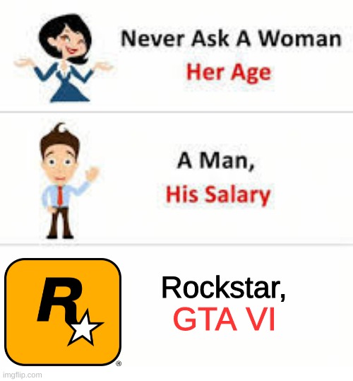Don't Ask Rockstar | Rockstar, GTA VI | image tagged in never ask a woman her age | made w/ Imgflip meme maker