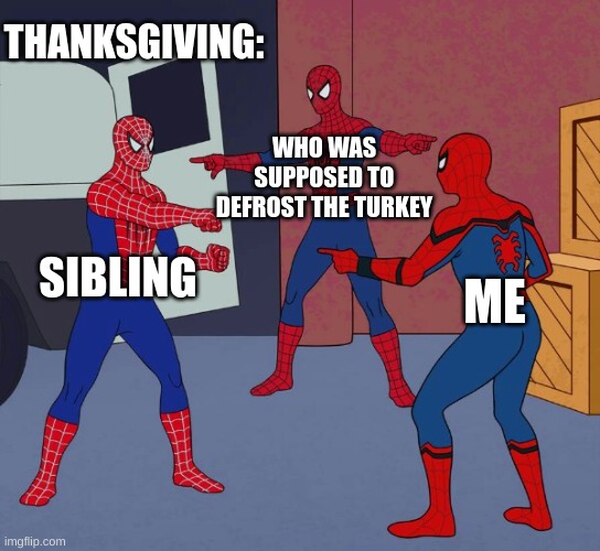 Thanks Giving Turkey | THANKSGIVING:; WHO WAS SUPPOSED TO DEFROST THE TURKEY; SIBLING; ME | image tagged in spider man triple | made w/ Imgflip meme maker