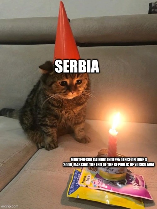 Cat | SERBIA; MONTENEGRO GAINING INDEPENDENCE ON JUNE 3, 2006, MARKING THE END OF THE REPUBLIC OF YUGOSLAVIA | image tagged in sad birthday cat,history memes | made w/ Imgflip meme maker