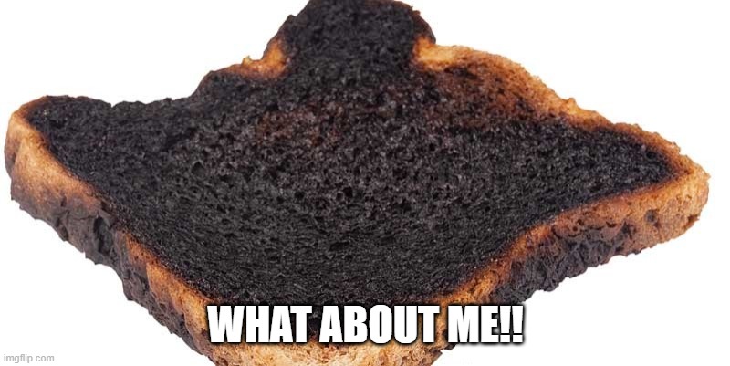 Burnt toast | WHAT ABOUT ME!! | image tagged in burnt toast | made w/ Imgflip meme maker