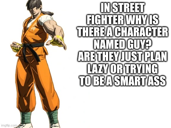 Why | IN STREET FIGHTER WHY IS THERE A CHARACTER NAMED GUY? ARE THEY JUST PLAN LAZY OR TRYING TO BE A SMART ASS | image tagged in street fighter,idk | made w/ Imgflip meme maker