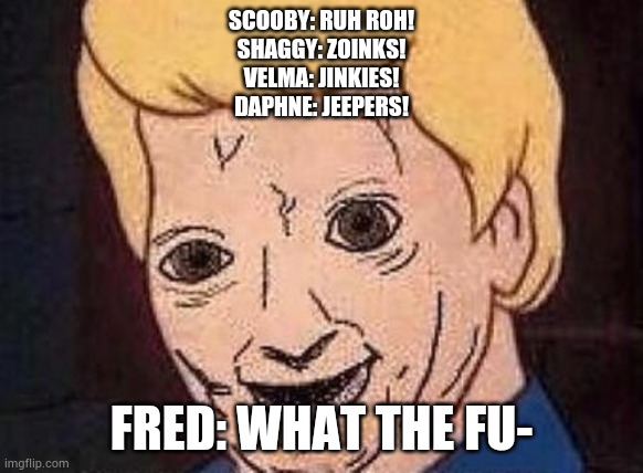Shaggy this isnt weed fred scooby doo | SCOOBY: RUH ROH!
SHAGGY: ZOINKS!
VELMA: JINKIES!
DAPHNE: JEEPERS! FRED: WHAT THE FU- | image tagged in shaggy this isnt weed fred scooby doo | made w/ Imgflip meme maker