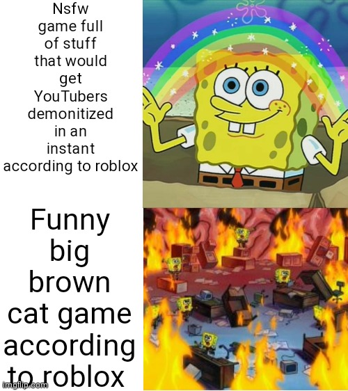 Image title | Nsfw game full of stuff that would get YouTubers demonitized in an instant according to roblox; Funny big brown cat game according to roblox | image tagged in blank white template,roblox,memes,roblox meme,raise a floppa | made w/ Imgflip meme maker