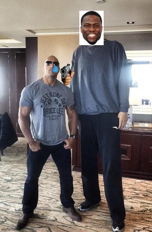 Rock's worst nightmare. | image tagged in dwayne the rock johnson standing next to sun ming ming,kevin hart,dwayne johnson,the rock,tall,nightmare | made w/ Imgflip meme maker