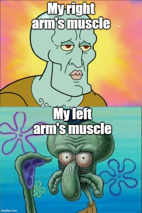 They got equal training, yet left is weaker | My right arm's muscle; My left arm's muscle | image tagged in memes,squidward | made w/ Imgflip meme maker