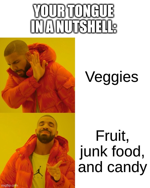 Your tongue in a nutshell | YOUR TONGUE IN A NUTSHELL:; Veggies; Fruit, junk food, and candy | image tagged in memes,drake hotline bling | made w/ Imgflip meme maker