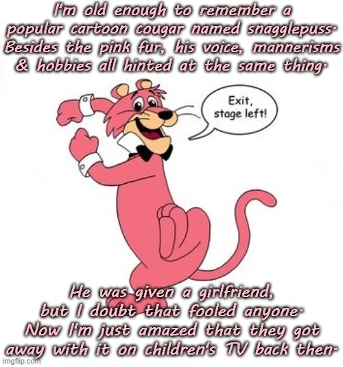 He was based on Tennessee Williams, even! | I'm old enough to remember a popular cartoon cougar named snagglepuss. Besides the pink fur, his voice, mannerisms
& hobbies all hinted at the same thing. He was given a girlfriend, but I doubt that fooled anyone. Now I'm just amazed that they got away with it on children's TV back then. | image tagged in snagglepuss babies cry,femboy,i dunno man seems kinda gay to me,captain obvious,lgbt,classic | made w/ Imgflip meme maker