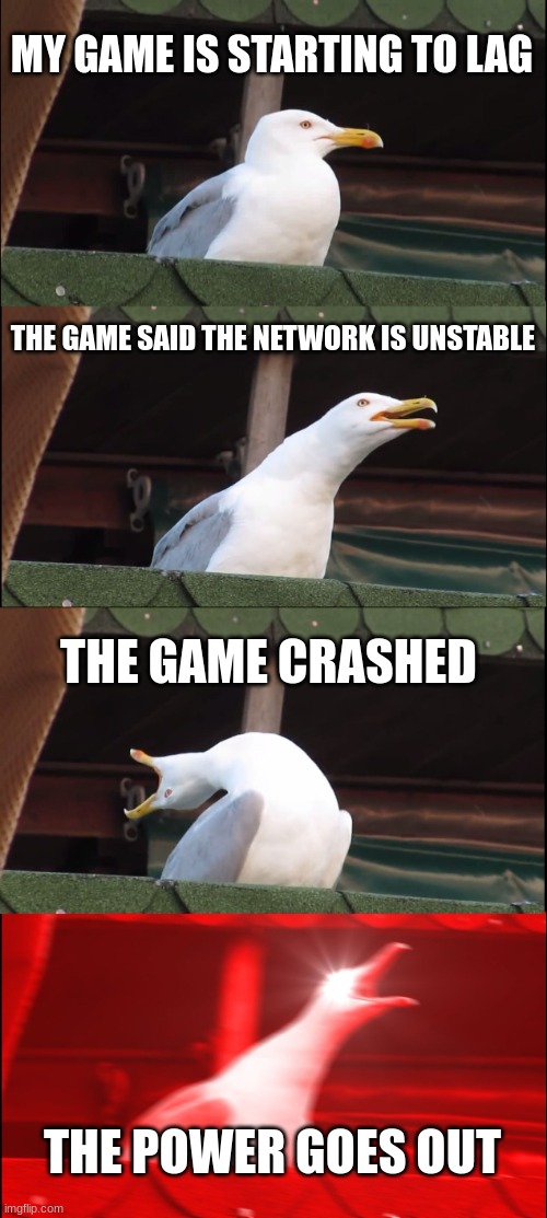 Inhaling Seagull | MY GAME IS STARTING TO LAG; THE GAME SAID THE NETWORK IS UNSTABLE; THE GAME CRASHED; THE POWER GOES OUT | image tagged in memes,inhaling seagull | made w/ Imgflip meme maker