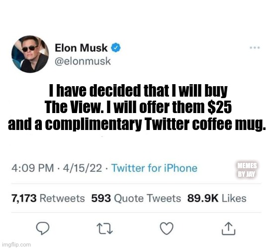 Lol |  I have decided that I will buy The View. I will offer them $25 and a complimentary Twitter coffee mug. MEMES BY JAY | image tagged in elon,the view,twitter | made w/ Imgflip meme maker