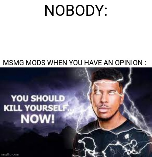 You Should Kill Yourself NOW! | NOBODY:; MSMG MODS WHEN YOU HAVE AN OPINION : | image tagged in you should kill yourself now | made w/ Imgflip meme maker