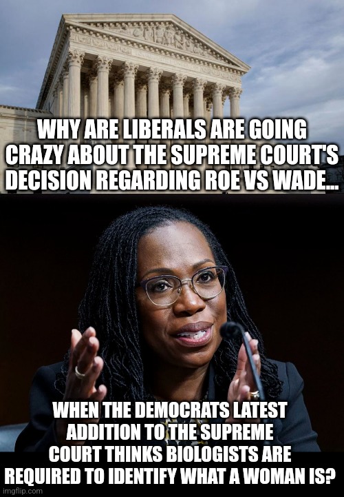 Democrats, you can't pretend abortion is a women's right while simultaneously pretending you don't know what women are. | WHY ARE LIBERALS ARE GOING CRAZY ABOUT THE SUPREME COURT'S DECISION REGARDING ROE VS WADE... WHEN THE DEMOCRATS LATEST ADDITION TO THE SUPREME COURT THINKS BIOLOGISTS ARE REQUIRED TO IDENTIFY WHAT A WOMAN IS? | image tagged in supreme court,liberal logic,gender identity,liberal hypocrisy,abortion,democrats | made w/ Imgflip meme maker