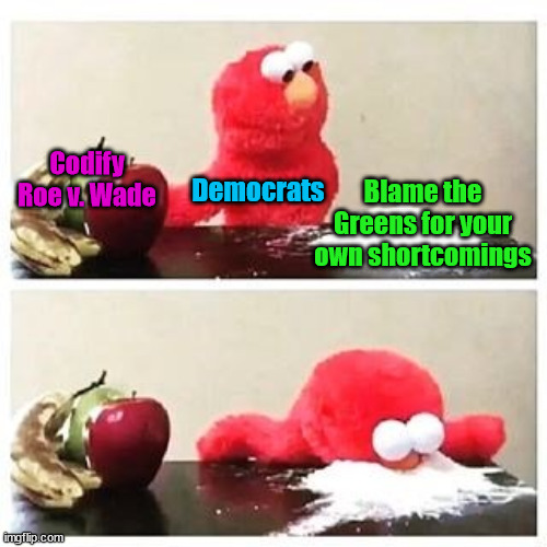 The blame game | Blame the Greens for your own shortcomings; Codify Roe v. Wade; Democrats | image tagged in elmo cocaine,green party,democrats,roe v wade,abortion | made w/ Imgflip meme maker