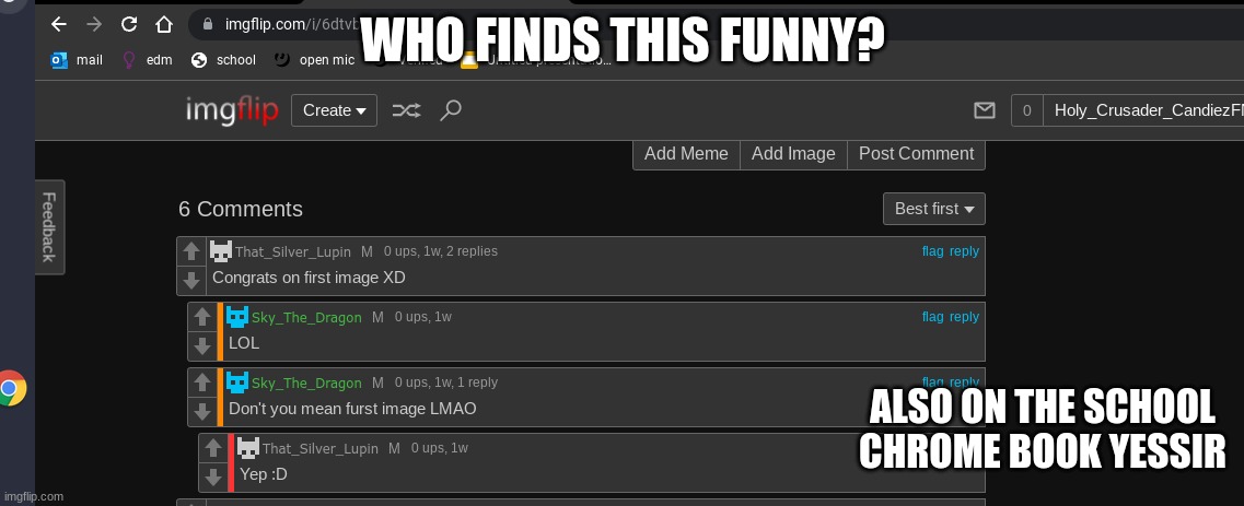 who? | WHO FINDS THIS FUNNY? ALSO ON THE SCHOOL CHROME BOOK YESSIR | image tagged in meme,notfunny | made w/ Imgflip meme maker
