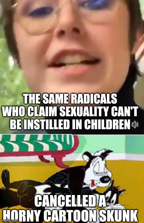Skunk is too influential but CRT and trans awareness isn't? | THE SAME RADICALS WHO CLAIM SEXUALITY CAN'T BE INSTILLED IN CHILDREN; CANCELLED A HORNY CARTOON SKUNK | image tagged in transgender,teacher,sexual,indoctrination | made w/ Imgflip meme maker