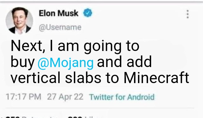 Elon Musk | Next, I am going to buy                and add vertical slabs to Minecraft; @Mojang | image tagged in elon musk | made w/ Imgflip meme maker