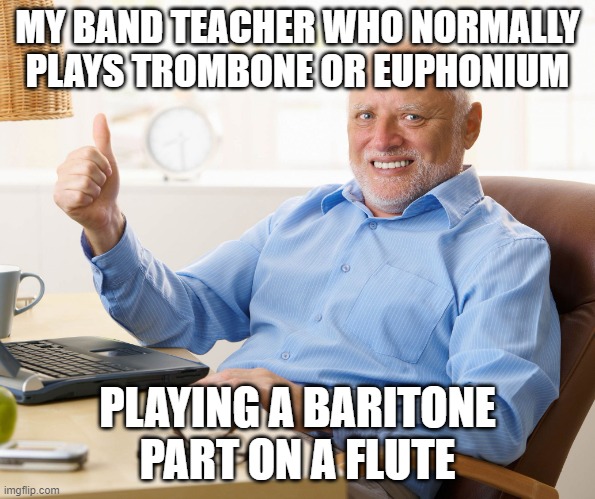 I feel bad for my band teacher, he doesn't get enough respect | MY BAND TEACHER WHO NORMALLY PLAYS TROMBONE OR EUPHONIUM; PLAYING A BARITONE PART ON A FLUTE | image tagged in hide the pain harold,band,flute,music,0 upvotes lets go | made w/ Imgflip meme maker