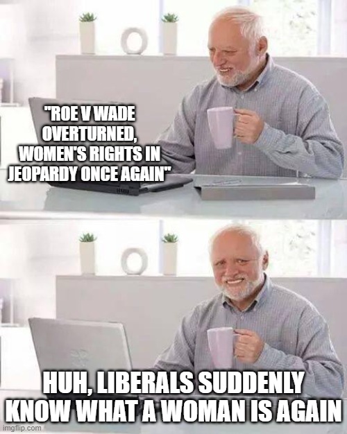 or maybe a lot of biologists just graduated | "ROE V WADE OVERTURNED, WOMEN'S RIGHTS IN JEOPARDY ONCE AGAIN"; HUH, LIBERALS SUDDENLY KNOW WHAT A WOMAN IS AGAIN | image tagged in memes,hide the pain harold,abortion | made w/ Imgflip meme maker