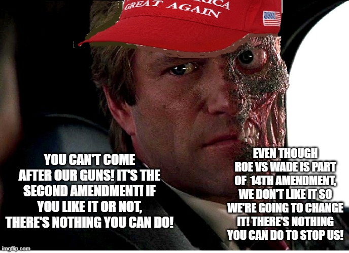 Two Face Maga | EVEN THOUGH ROE VS WADE IS PART OF  14TH AMENDMENT, WE DON'T LIKE IT SO WE'RE GOING TO CHANGE IT! THERE'S NOTHING YOU CAN DO TO STOP US! YOU CAN'T COME AFTER OUR GUNS! IT'S THE SECOND AMENDMENT! IF YOU LIKE IT OR NOT, THERE'S NOTHING YOU CAN DO! | image tagged in two face maga | made w/ Imgflip meme maker