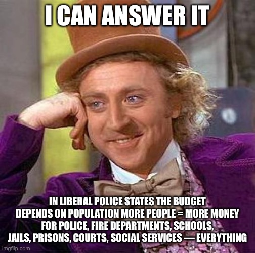 Creepy Condescending Wonka Meme | I CAN ANSWER IT IN LIBERAL POLICE STATES THE BUDGET DEPENDS ON POPULATION MORE PEOPLE = MORE MONEY FOR POLICE, FIRE DEPARTMENTS, SCHOOLS, JA | image tagged in memes,creepy condescending wonka | made w/ Imgflip meme maker