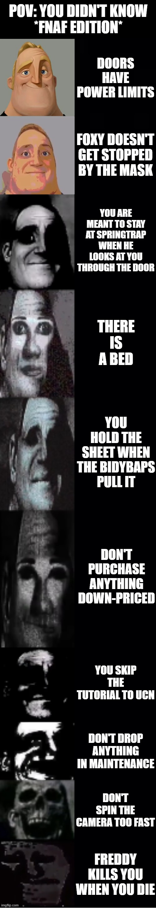 STOOPID FNAF MEME | POV: YOU DIDN'T KNOW
*FNAF EDITION*; DOORS HAVE POWER LIMITS; FOXY DOESN'T GET STOPPED BY THE MASK; YOU ARE MEANT TO STAY AT SPRINGTRAP WHEN HE LOOKS AT YOU THROUGH THE DOOR; THERE IS A BED; YOU HOLD THE SHEET WHEN THE BIDYBAPS PULL IT; DON'T PURCHASE ANYTHING DOWN-PRICED; YOU SKIP THE TUTORIAL TO UCN; DON'T DROP ANYTHING IN MAINTENANCE; DON'T SPIN THE CAMERA TOO FAST; FREDDY KILLS YOU WHEN YOU DIE | image tagged in mr incredible becoming uncanny | made w/ Imgflip meme maker
