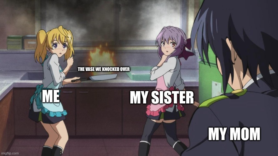 new temp | THE VASE WE KNOCKED OVER; MY SISTER; ME; MY MOM | image tagged in anime girls stove on fire | made w/ Imgflip meme maker