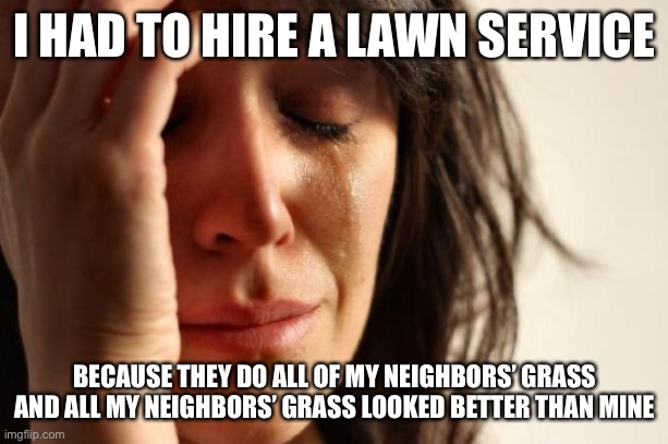 First World Problems |  I HAD TO HIRE A LAWN SERVICE; BECAUSE THEY DO ALL OF MY NEIGHBORS’ GRASS AND ALL MY NEIGHBORS’ GRASS LOOKED BETTER THAN MINE | image tagged in memes,first world problems,true story bro,grass,lawn | made w/ Imgflip meme maker